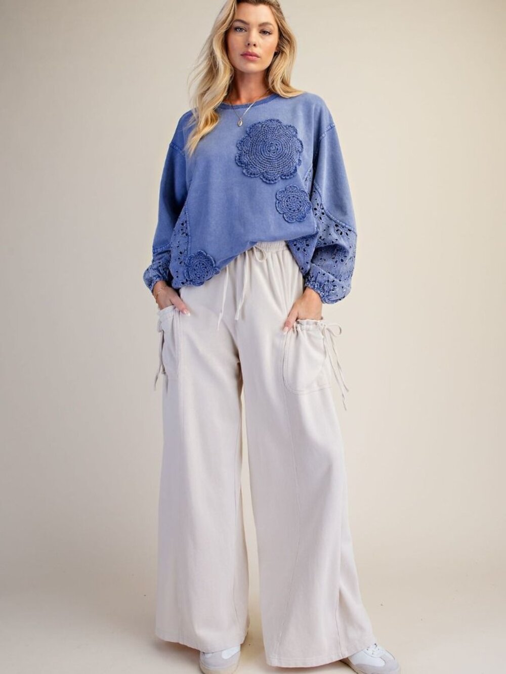 NEW IN  - Easel Ecru Mineral Washed Terry Knit Pants Regular & Plus